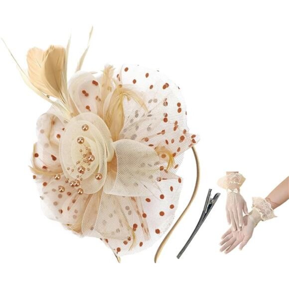Women's Feather Mesh Flower Fascinator with Headband Beige Gold 2